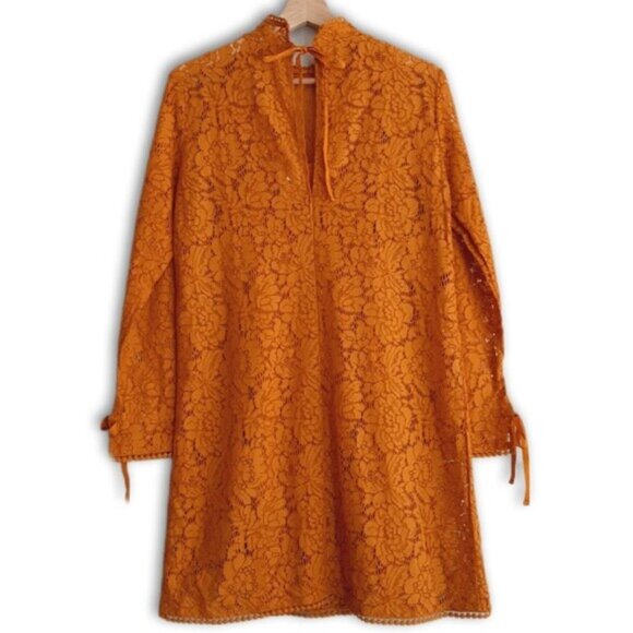 H&M / Floral Lace Pom-Pom Trim Long Sleeve Knee Length Dress Mustard Yellow Sz S - Picture 3 of 16
